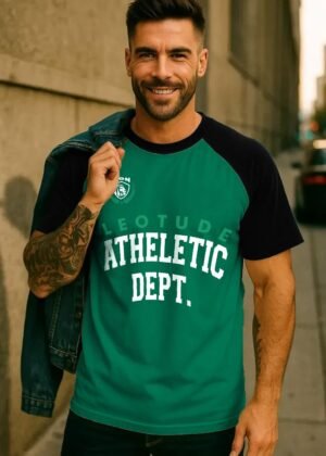 Men's Half Sleeve Cottonblend Colourblocked Printed Round Neck Drop Shoulder Raglan Sleeve Oversized Tshirt for Man (Color Blk-Green)