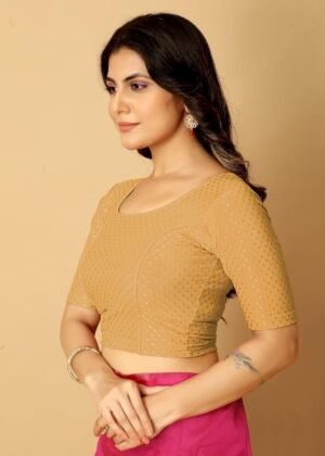 Round Neck Dobby Cotton Lycra Stretchable Elbow Half Sleeve Readymade Saree Blouse for Women Stylish